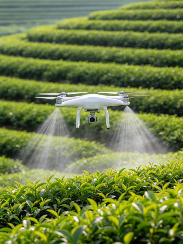 无人机在梯田茶园中喷洒作业图片