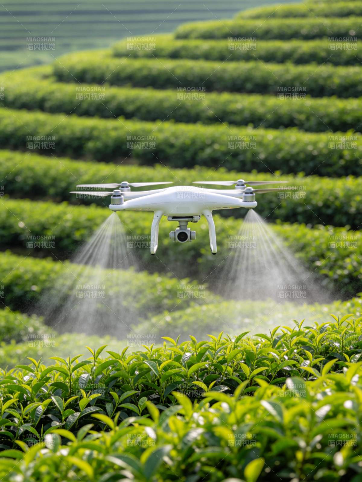 无人机在梯田茶园中喷洒作业图片