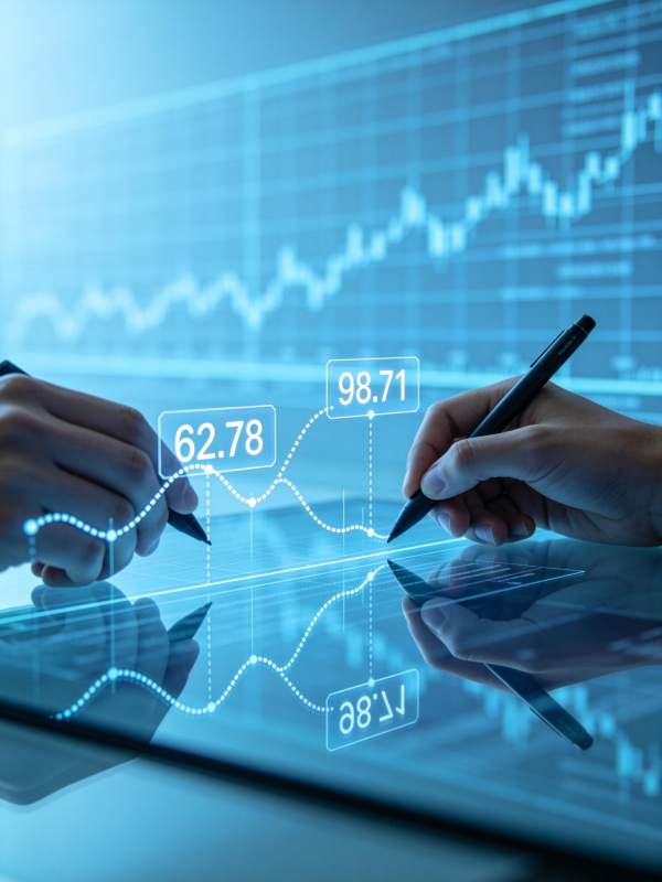 双手操作虚拟数据图表分析金融趋势图片