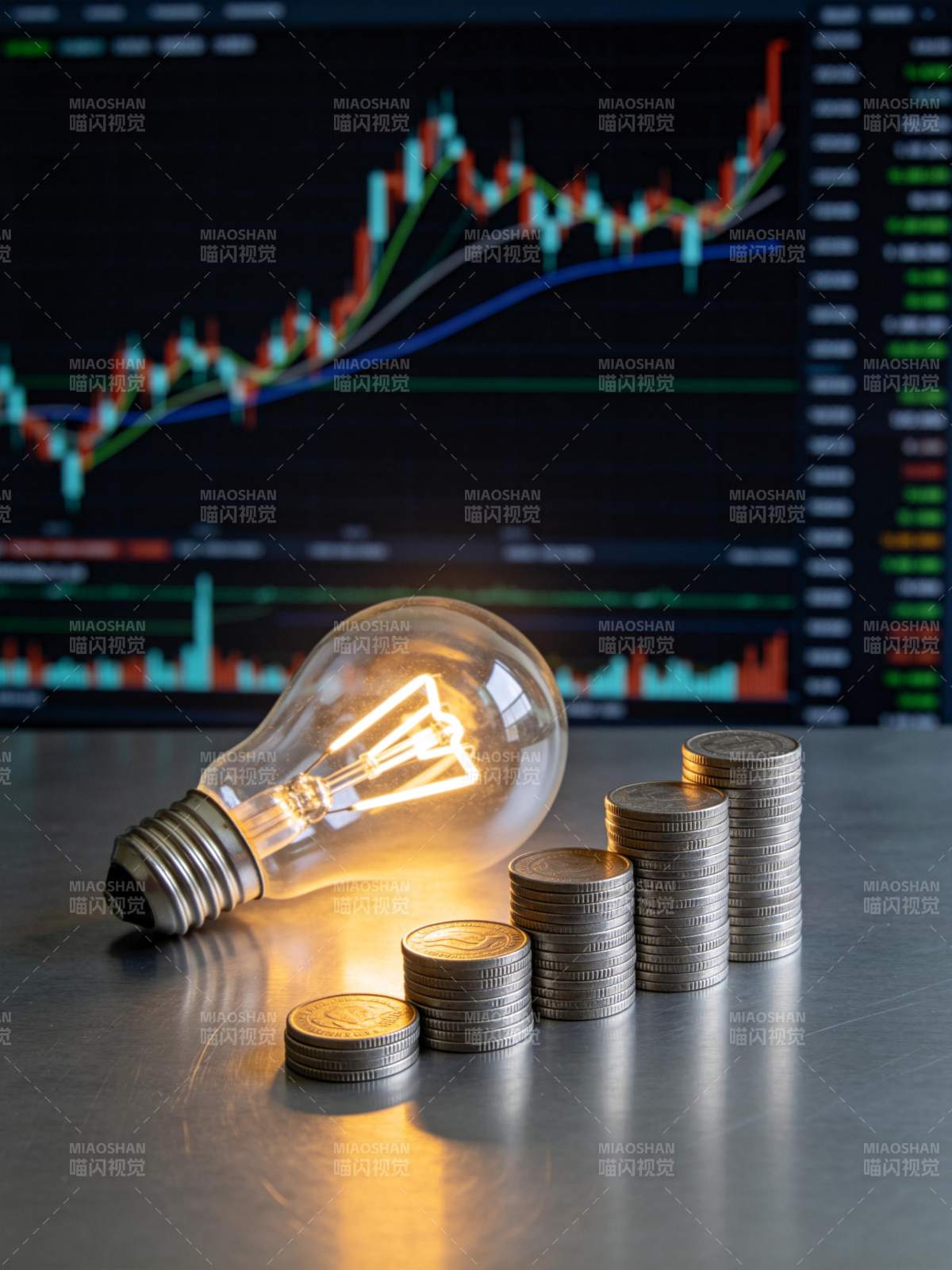 灯泡与币堆前的股市图图片
