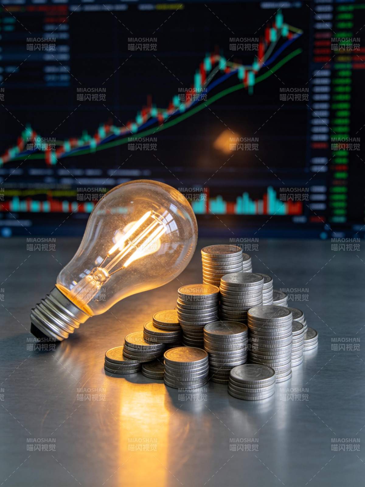 灯泡与金币堆叠图片