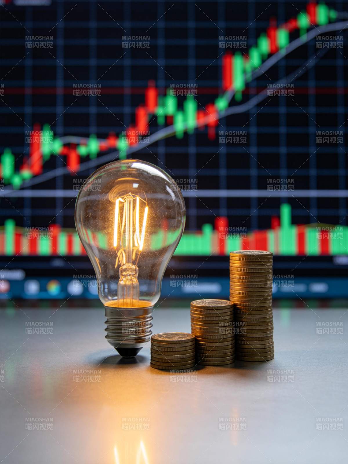 发光灯泡旁堆叠硬币与股市图表背景图片