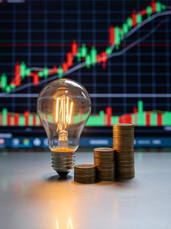 发光灯泡旁堆叠硬币与股市图表背景图片
