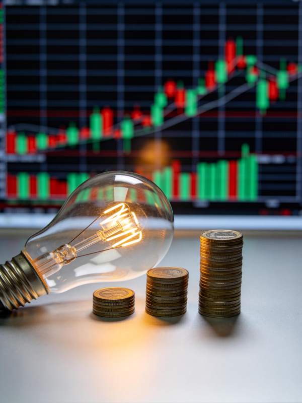 灯泡与金币前的股市图图片