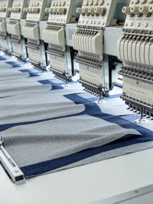 多台工业绣花机正在自动刺绣布料图片