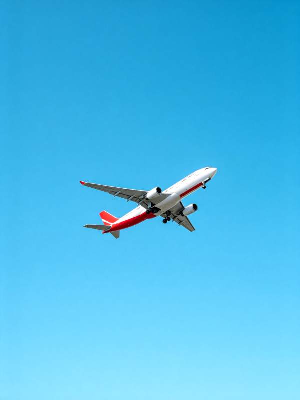 白色红尾客机在晴朗蓝天中飞行图片