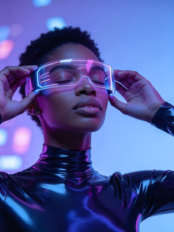 女性佩戴发光未来感智能眼镜特写图片