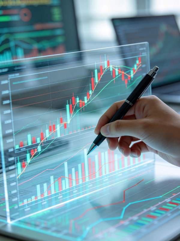 手持钢笔指向透明屏上的股票K线图表图片