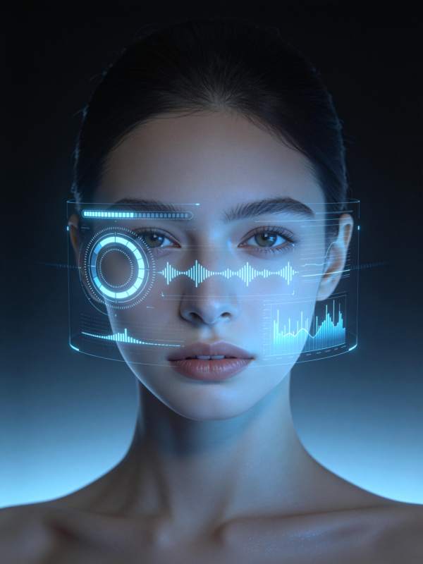 女性面部叠加蓝色科技全息界面投影图片