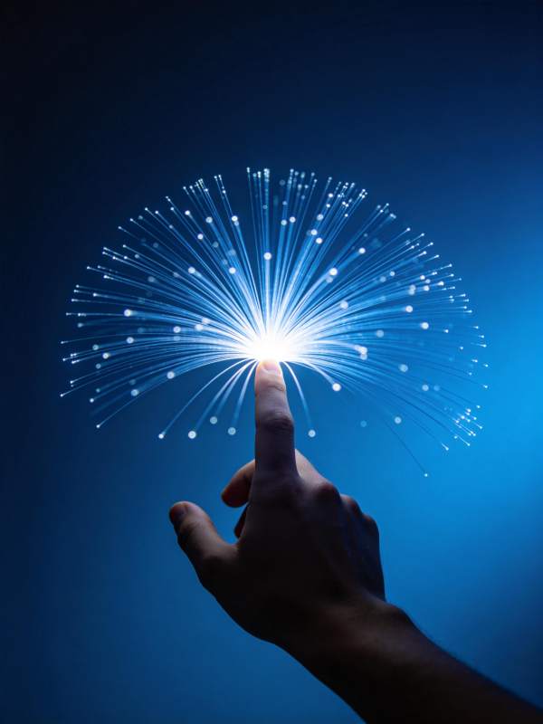 手指触碰发光光纤束形成光爆效果图片