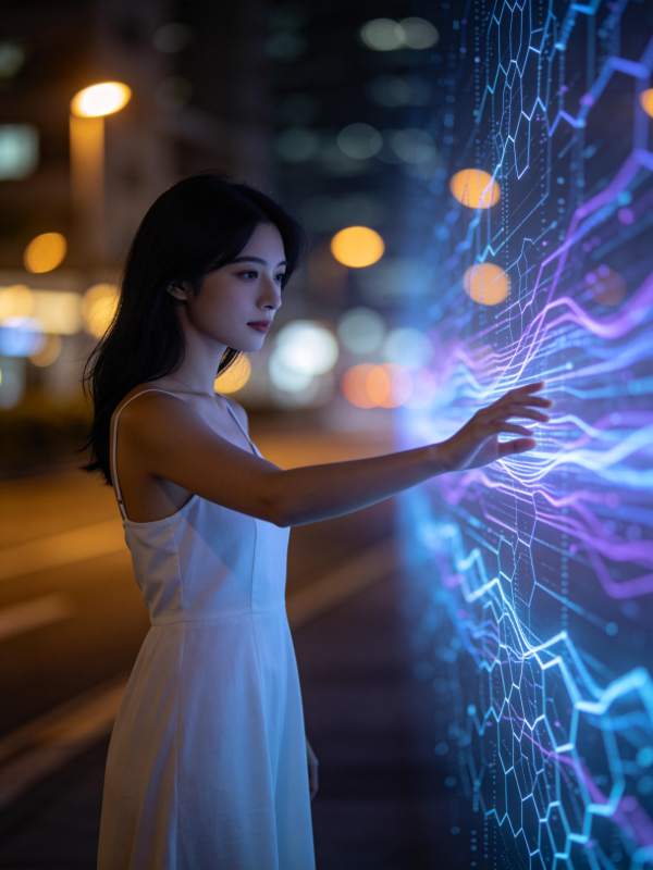 女子夜间触碰发光数据网络墙图片