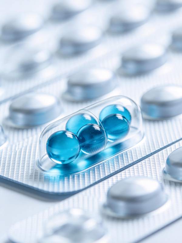 蓝色透明胶囊置于铝塑泡罩包装中特写图片