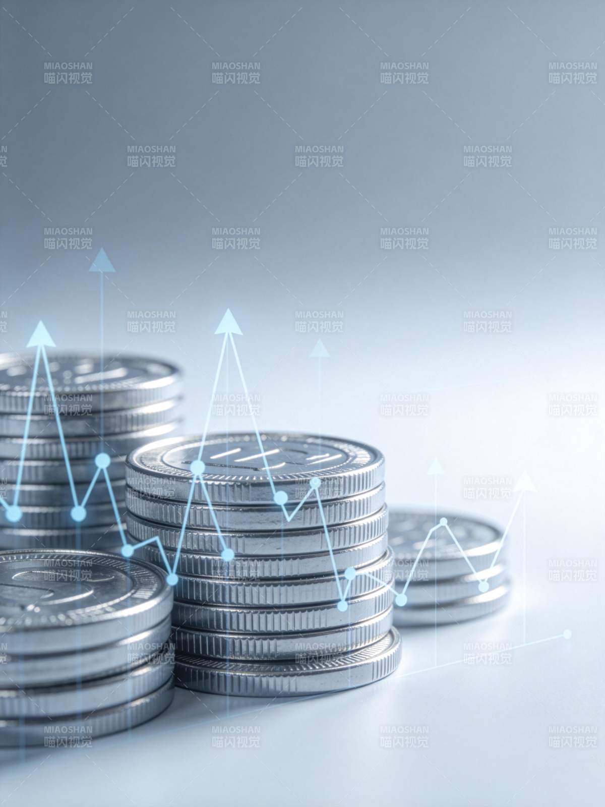 硬币堆叠与上升趋势线图表组合图像图片