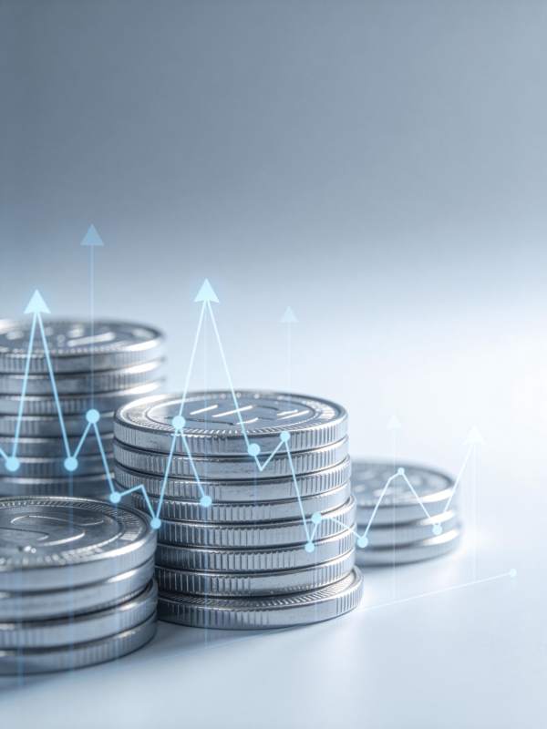 硬币堆叠与上升趋势线图表组合图像图片