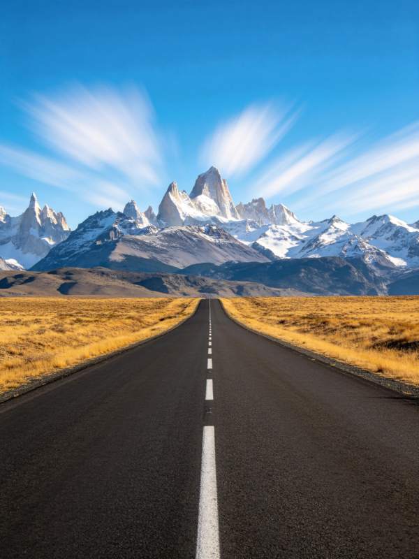 笔直公路通向雪山峰顶的壮丽自然景观图片