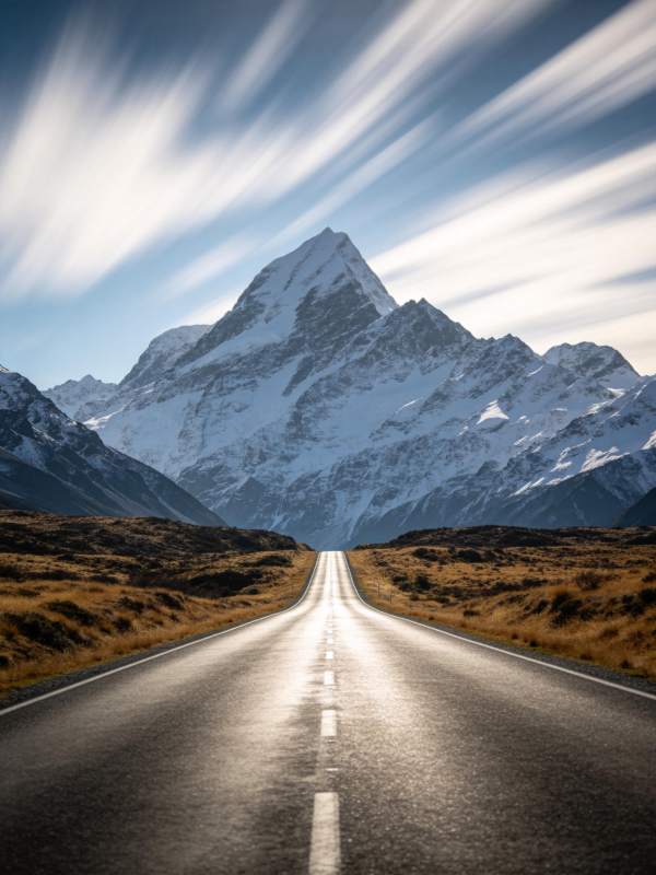 笔直公路通向雪山峰顶的壮丽自然景观图片