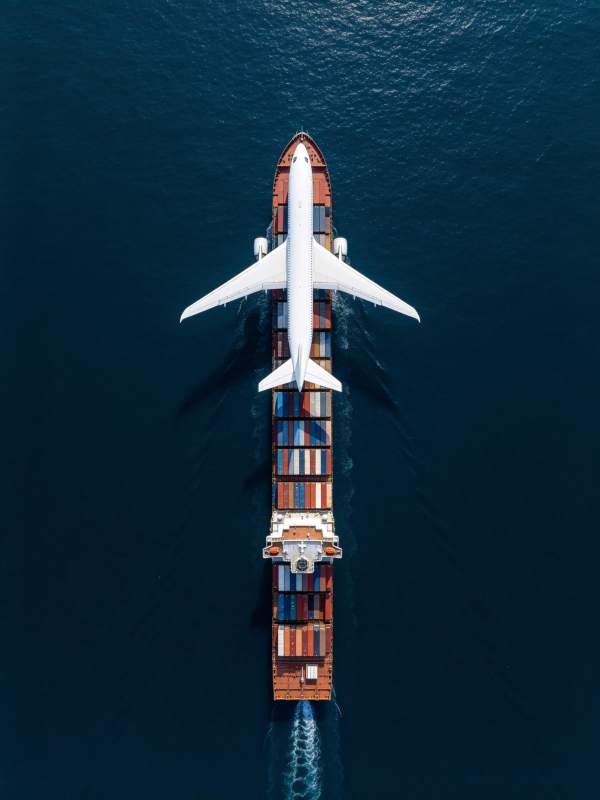 货轮甲板上停放白色客机俯视图图片