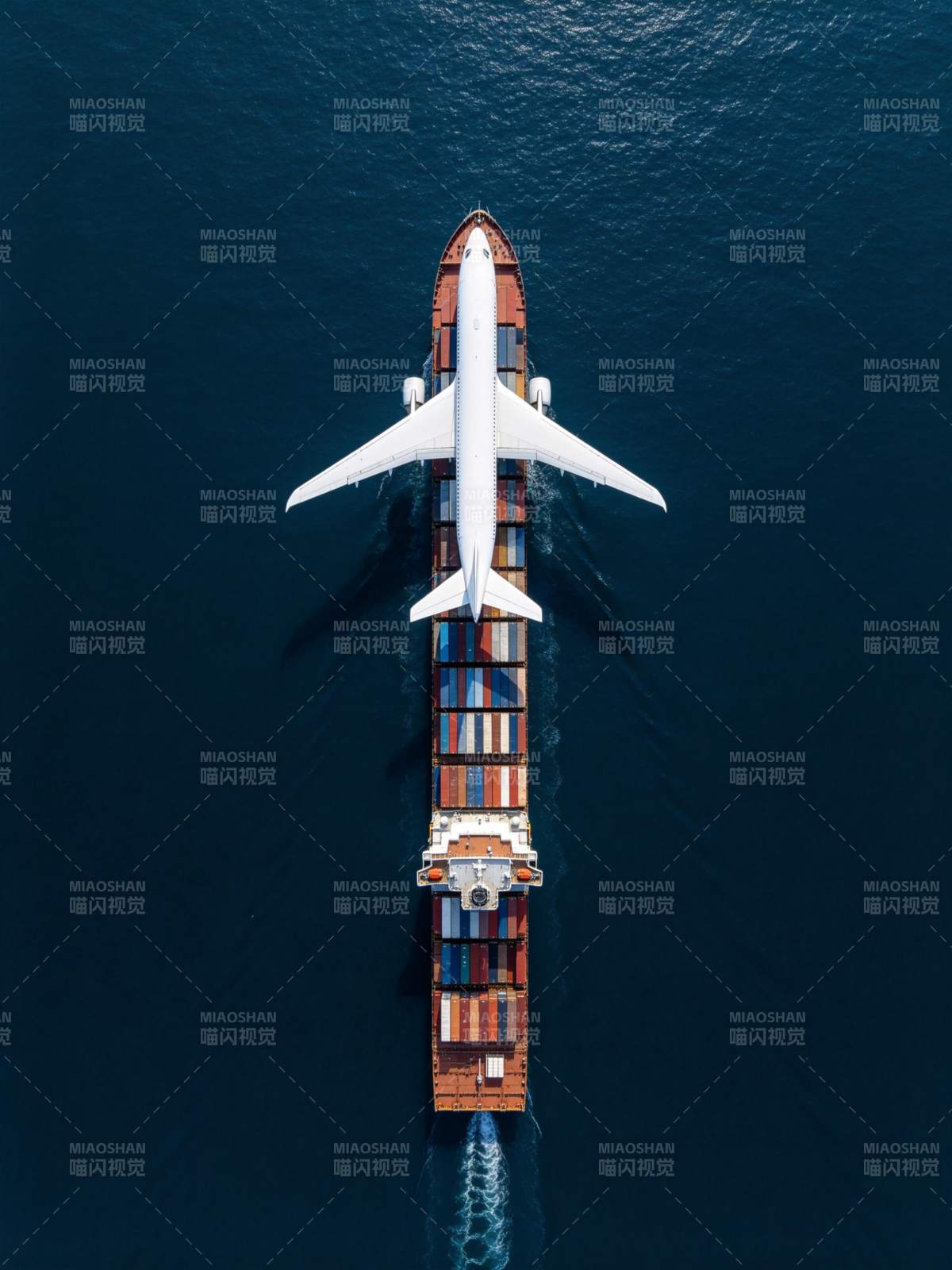 货轮甲板上停放白色客机俯视图图片