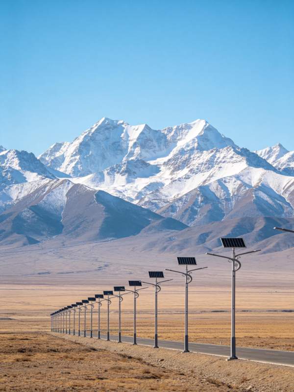 雪山脚下公路旁排列的太阳能路灯图片