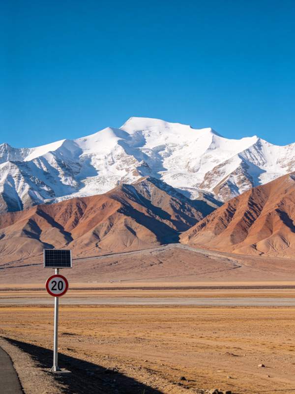 雪山脚下公路旁限速标志与太阳能板图片