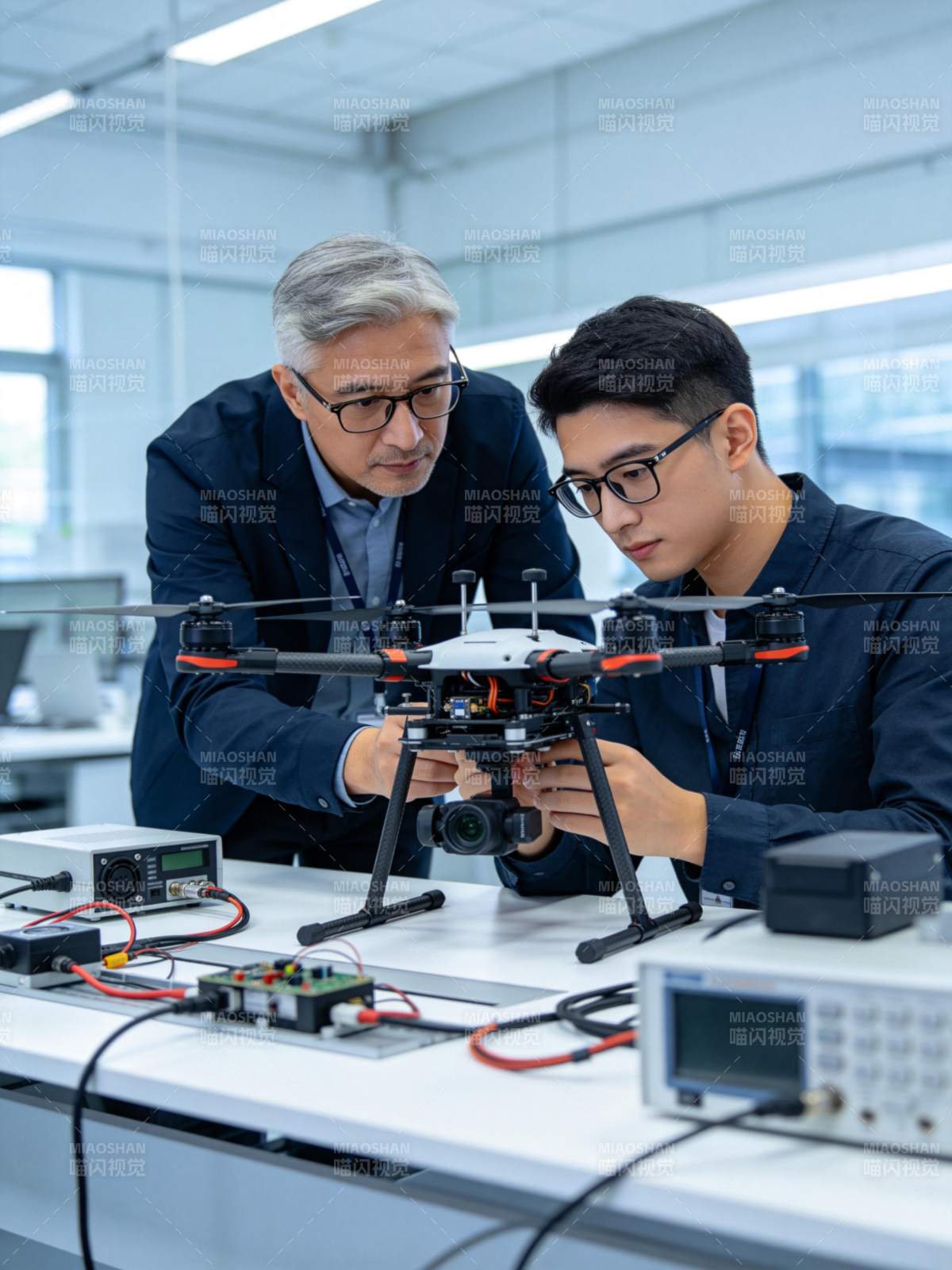 两位工程师在实验室调试多旋翼无人机设备图片