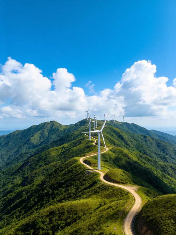 山巅风车 绿野蓝天图片