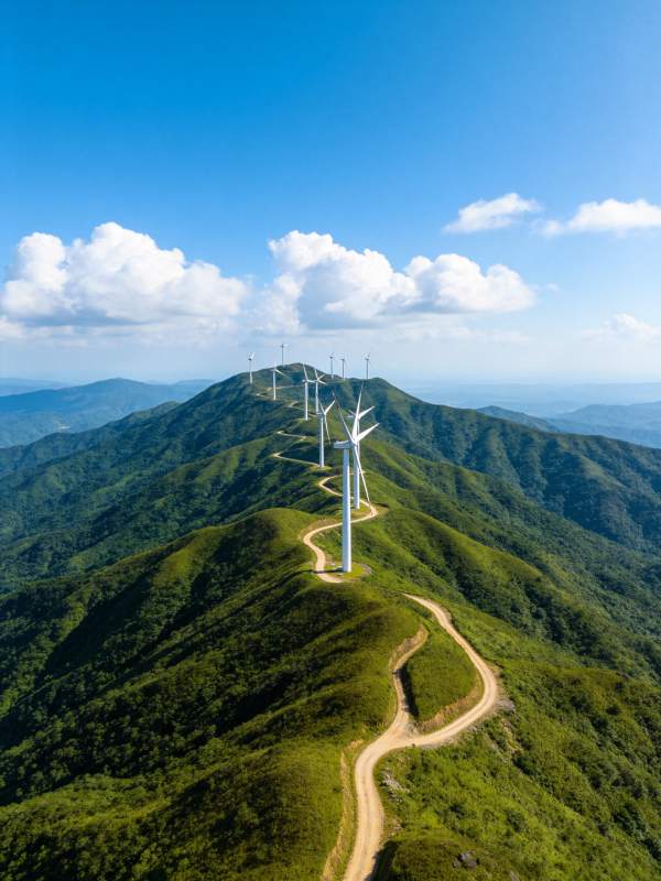 山脊线上排列的白色风力发电机群图片