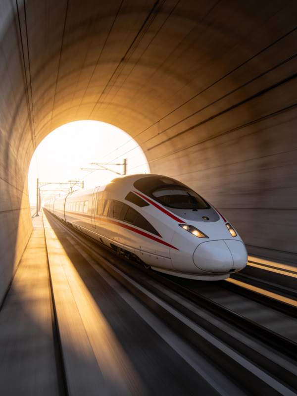 高速列车驶出隧道沐浴晨光图片