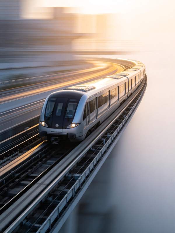 高速行驶的银色列车沿高架轨道转弯图片