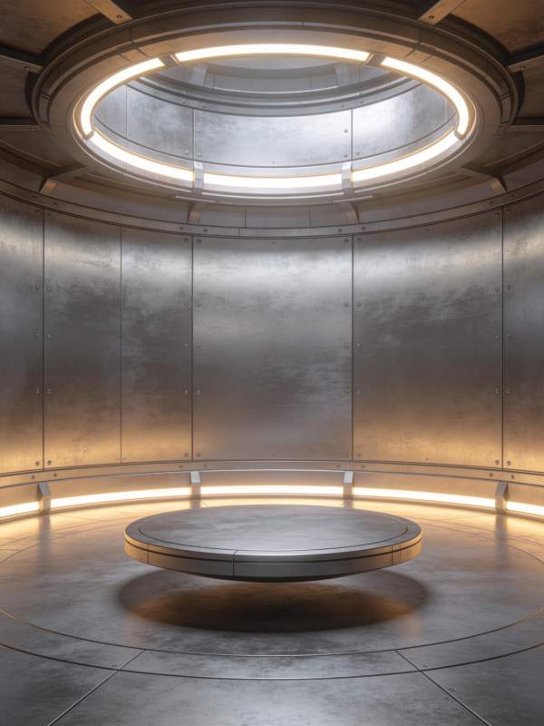 金属圆形舱室中央悬浮平台与环形灯带图片
