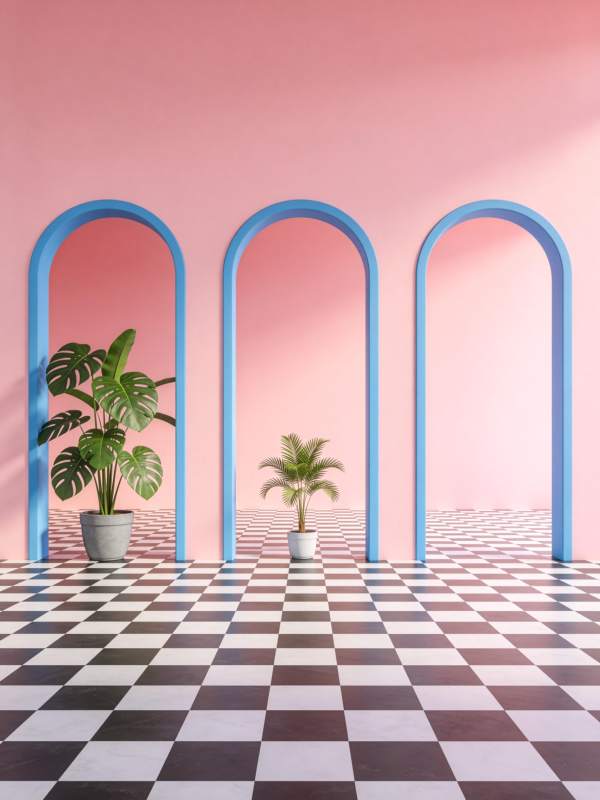 粉色墙面蓝色拱门与黑白棋盘格地面的室内场图片