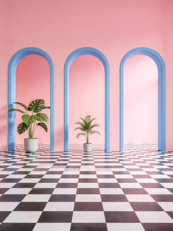 粉蓝拱门绿植棋盘地图片