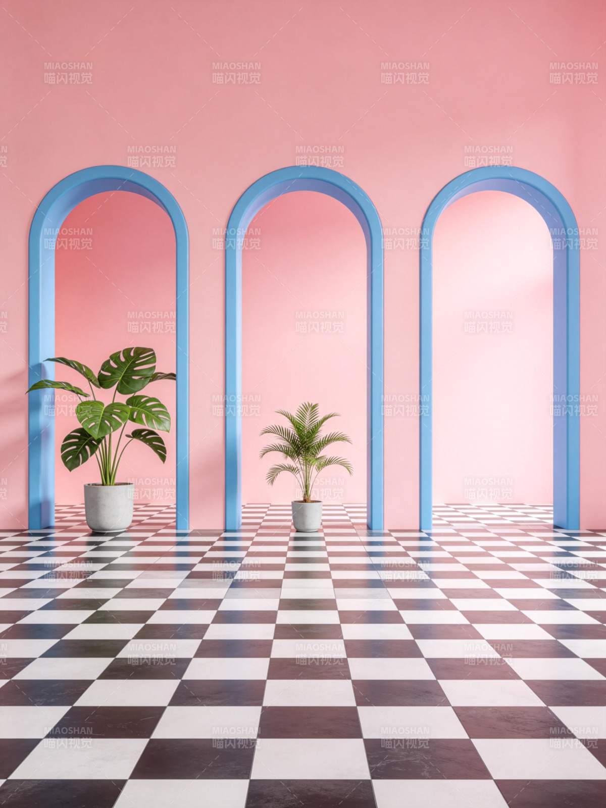 粉蓝拱门绿植棋盘地图片