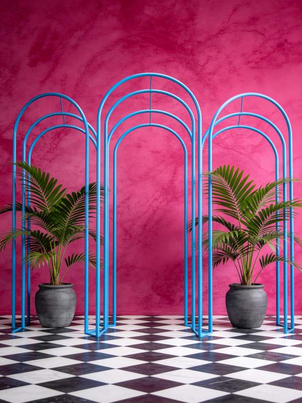 蓝拱绿植粉墙图片