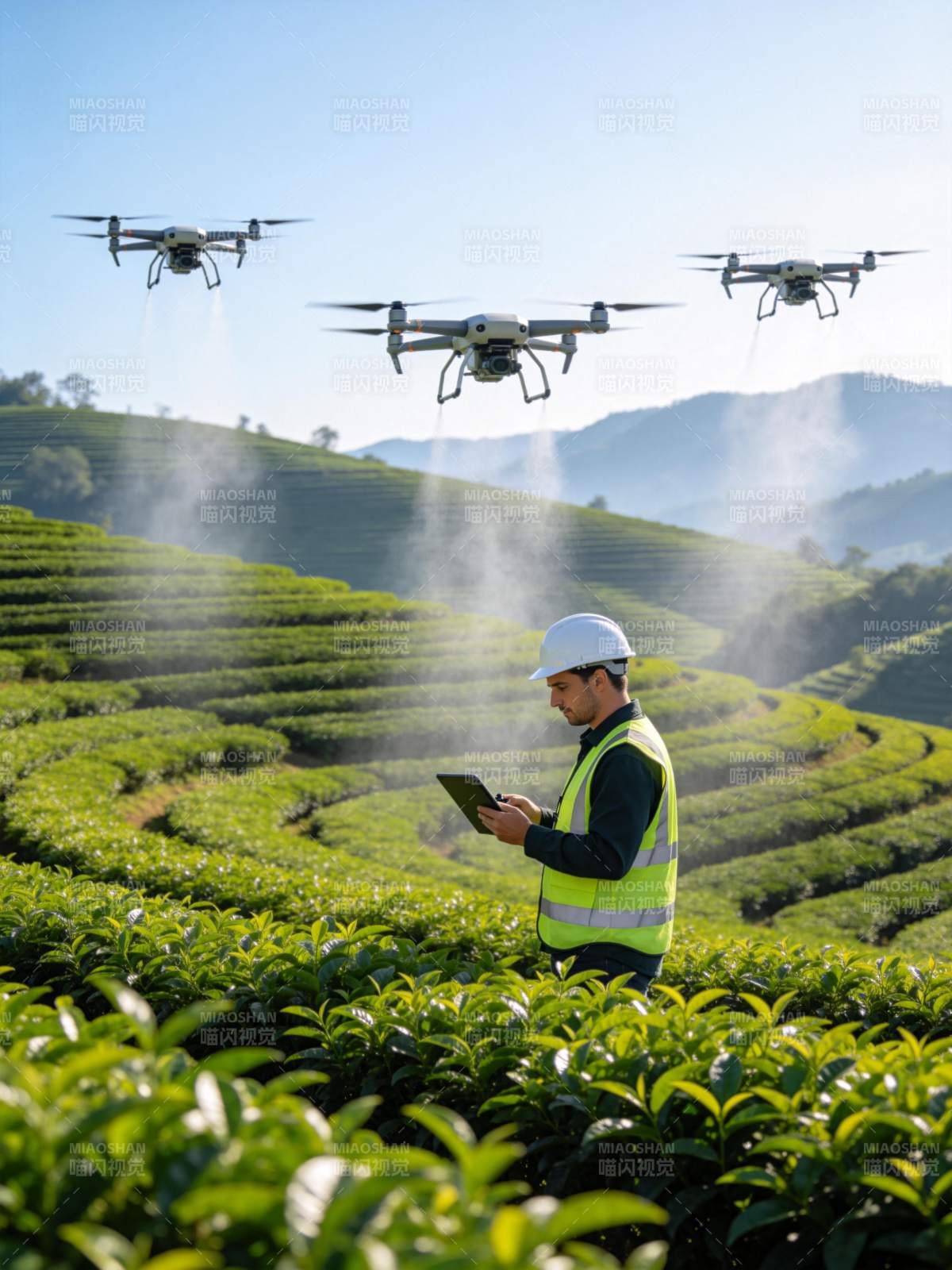 茶园中工人操控无人机喷洒作业图片
