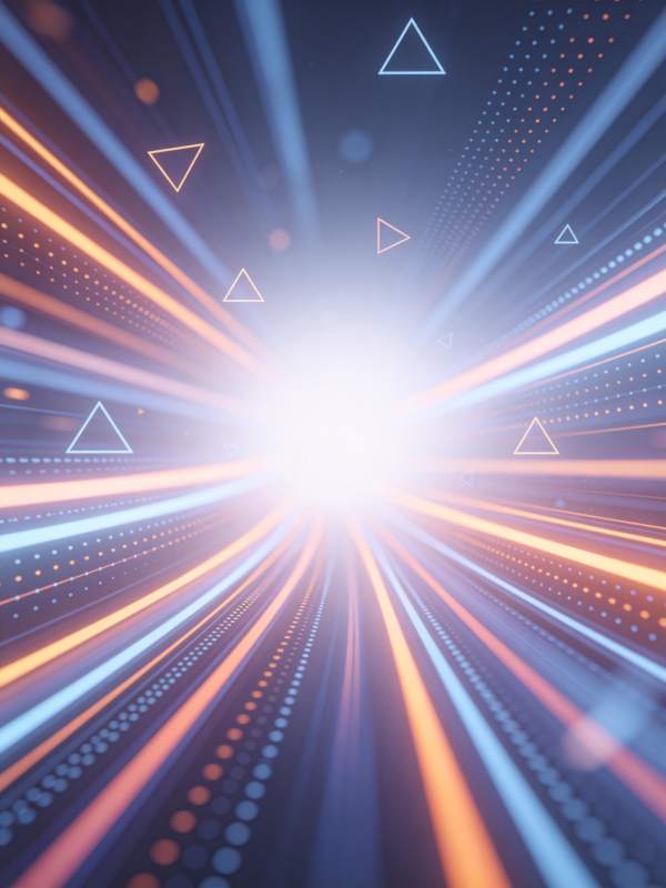 光束通道中漂浮几何三角形的科技感画面图片
