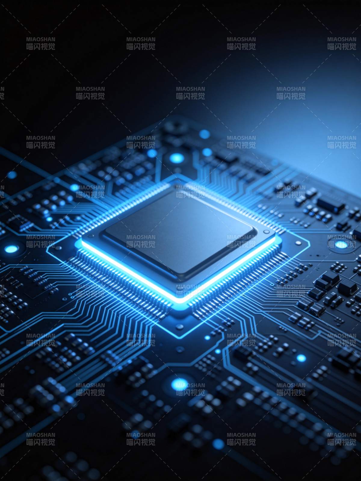 蓝色发光集成电路芯片特写展示图片