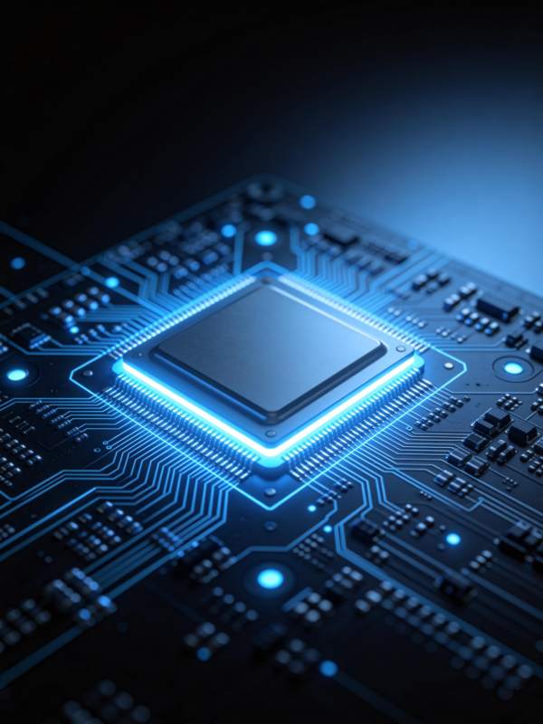 蓝色发光集成电路芯片特写展示图片