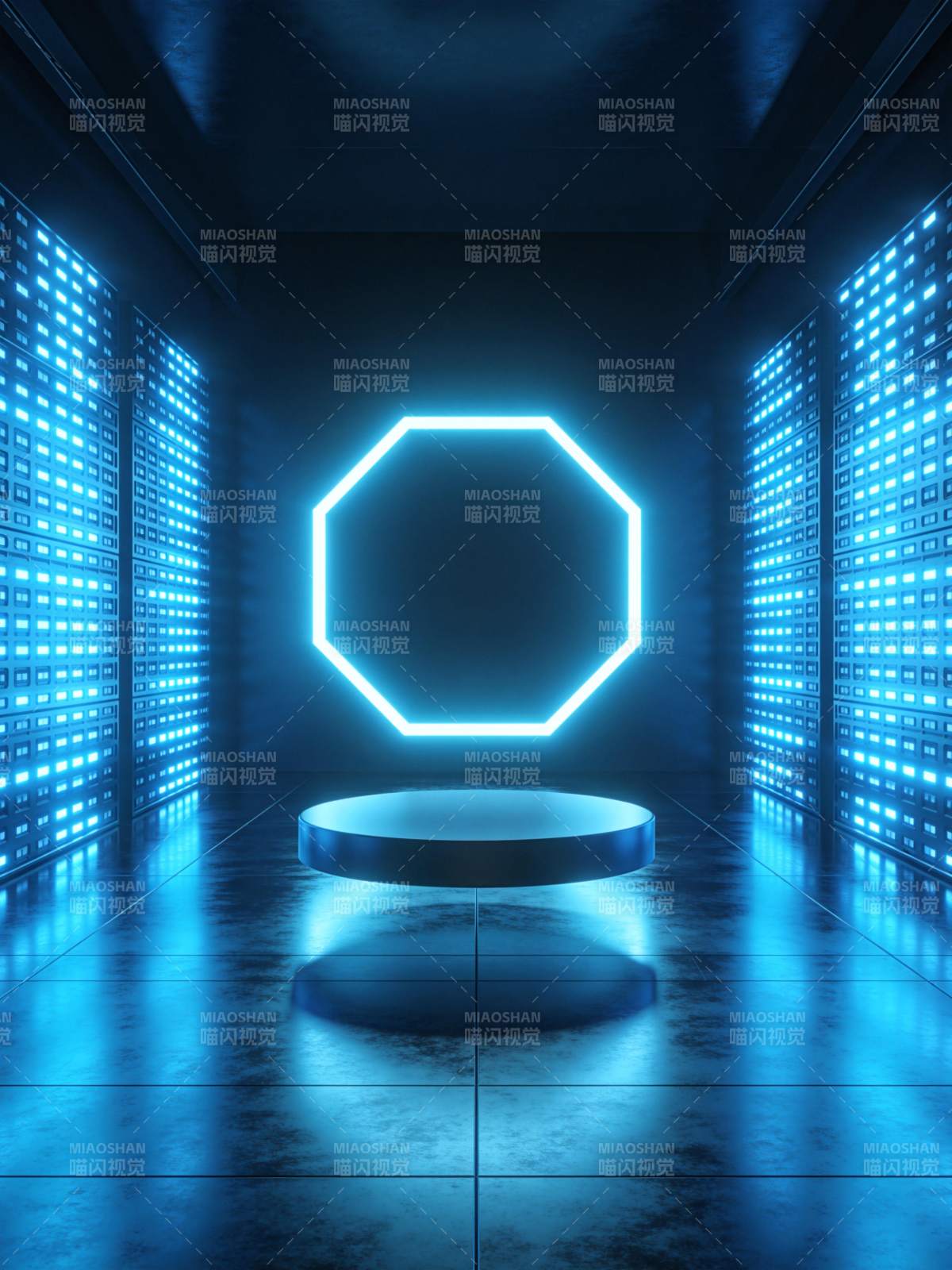 蓝色霓虹灯光下的八边形展台与发光墙面图片