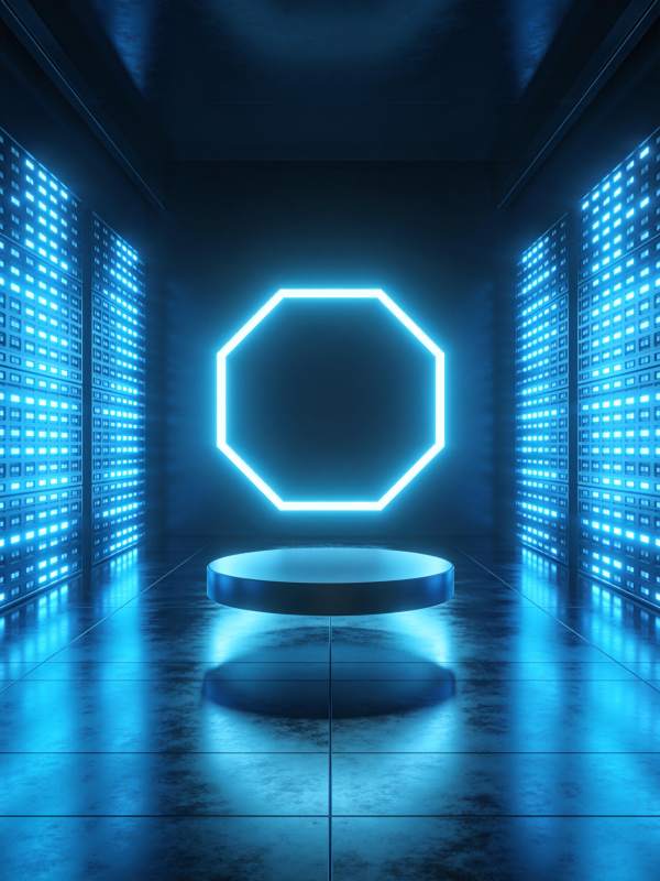 蓝色霓虹灯光下的八边形展台与发光墙面图片