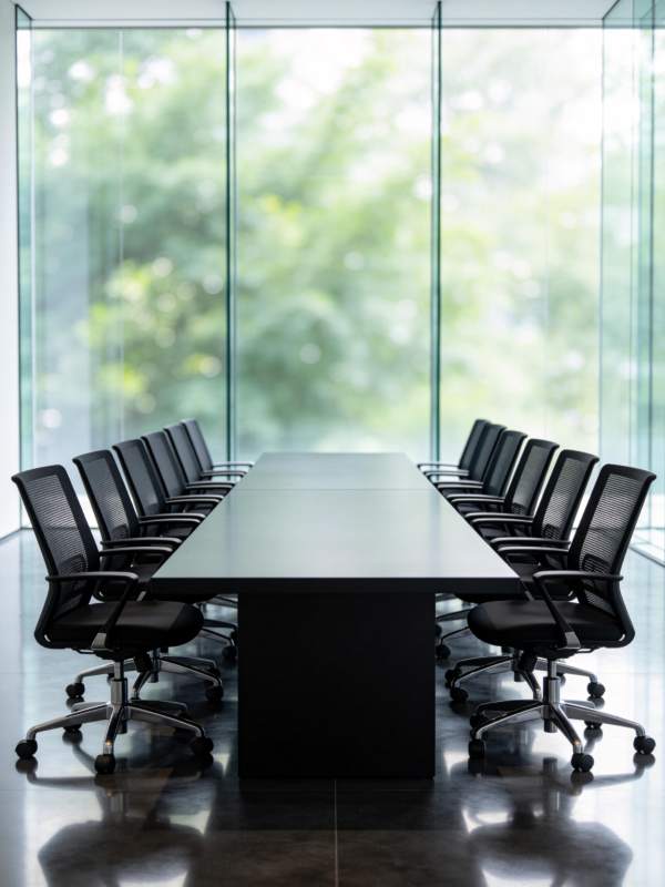 现代会议室长桌与黑色办公椅整齐排列图片