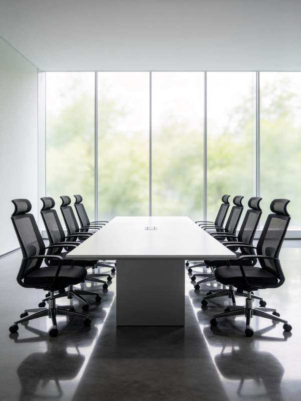 现代简约风格会议室长桌与黑色办公椅布局图片