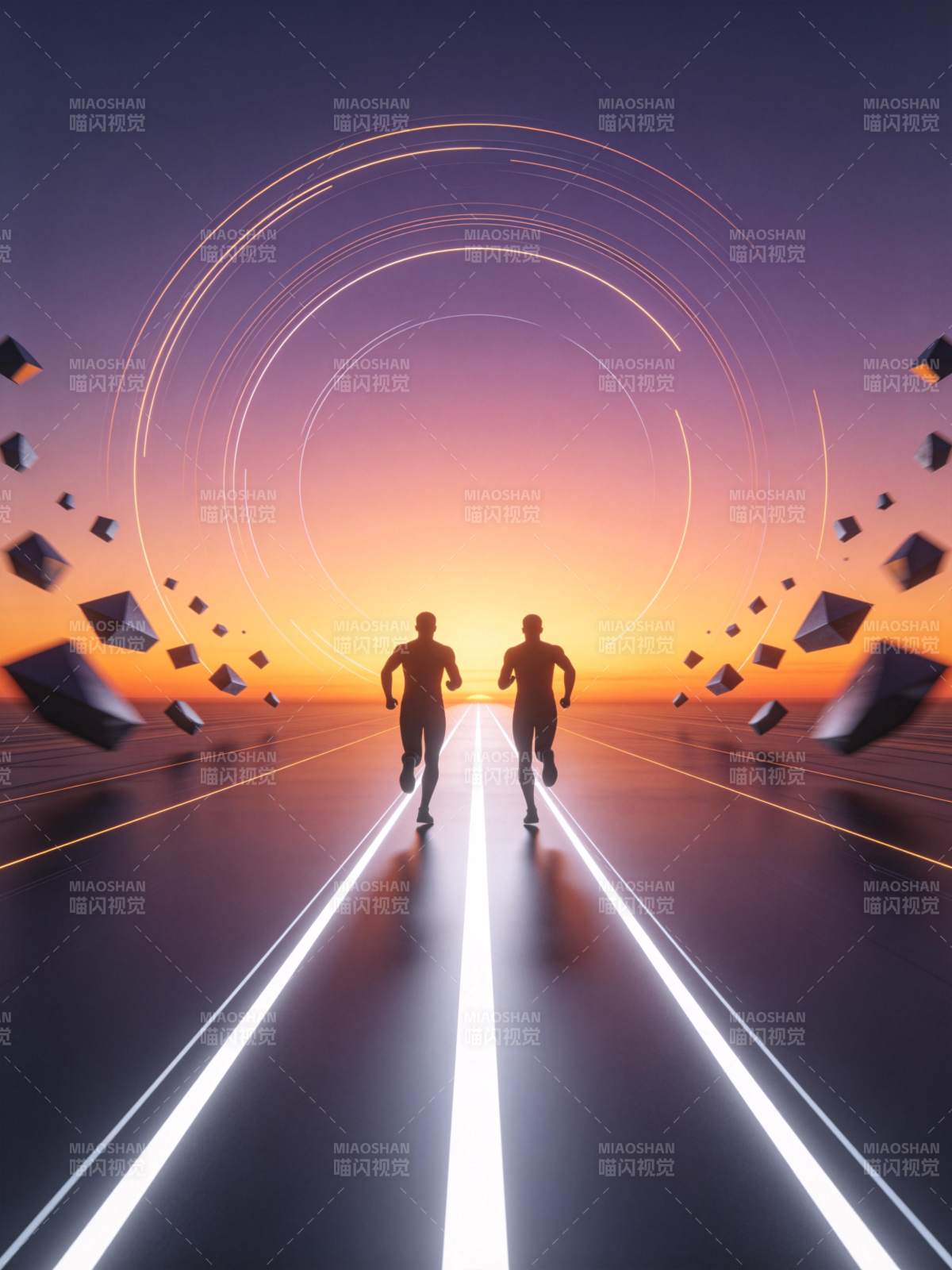 两人在发光跑道上奔跑穿越光圈隧道图片