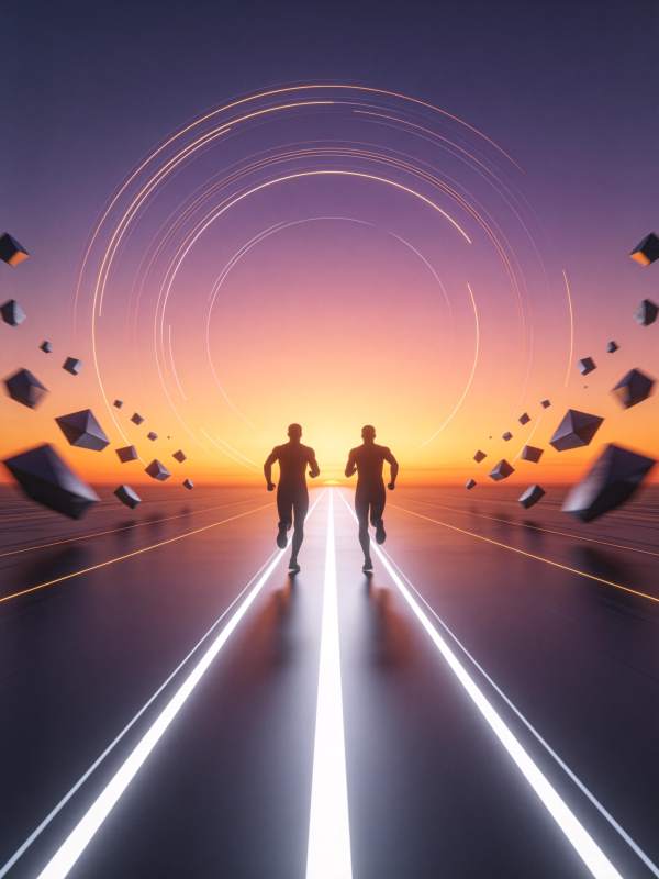 两人在发光跑道上奔跑穿越光圈隧道图片