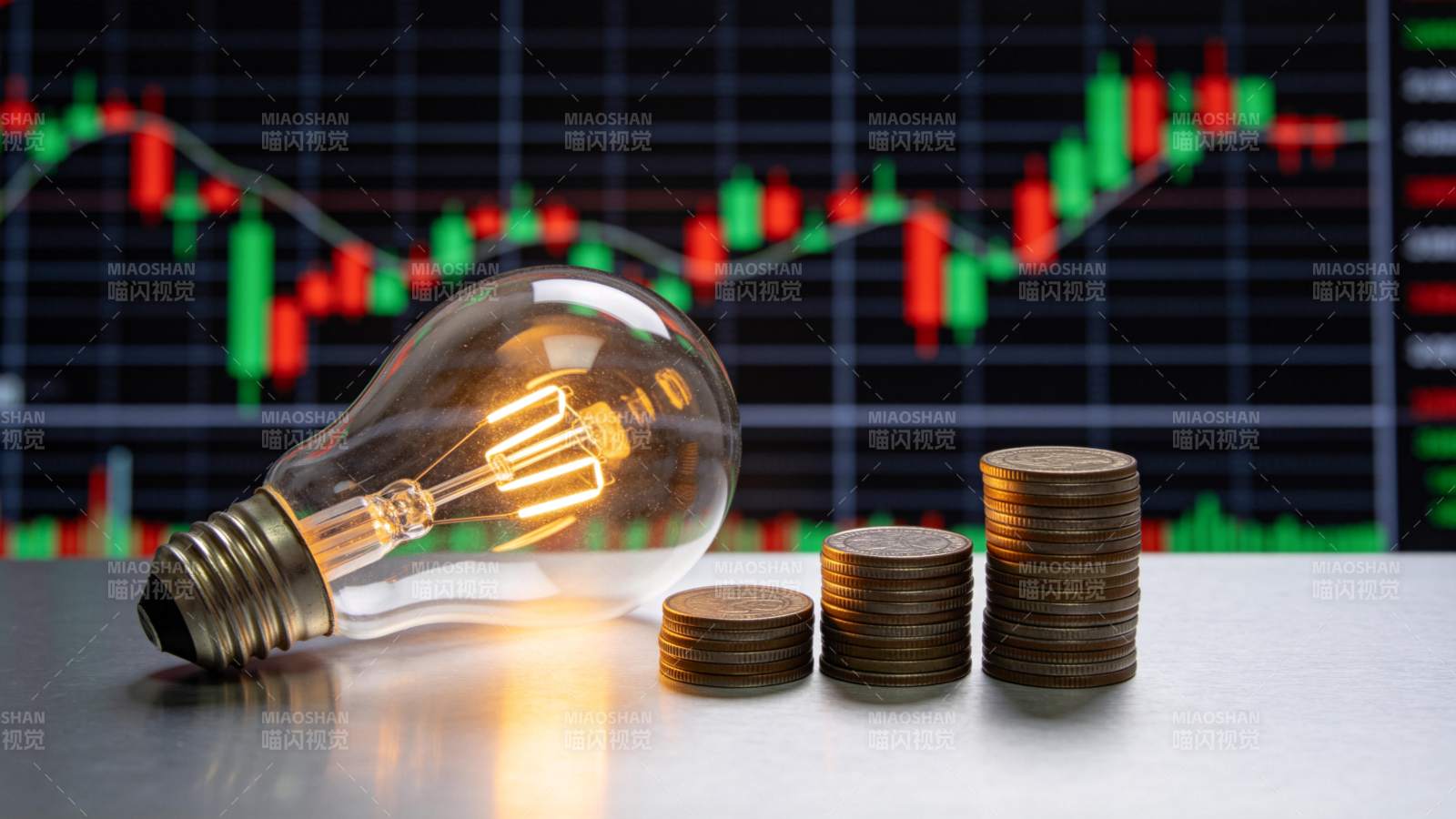 灯泡与金币前的股市图图片