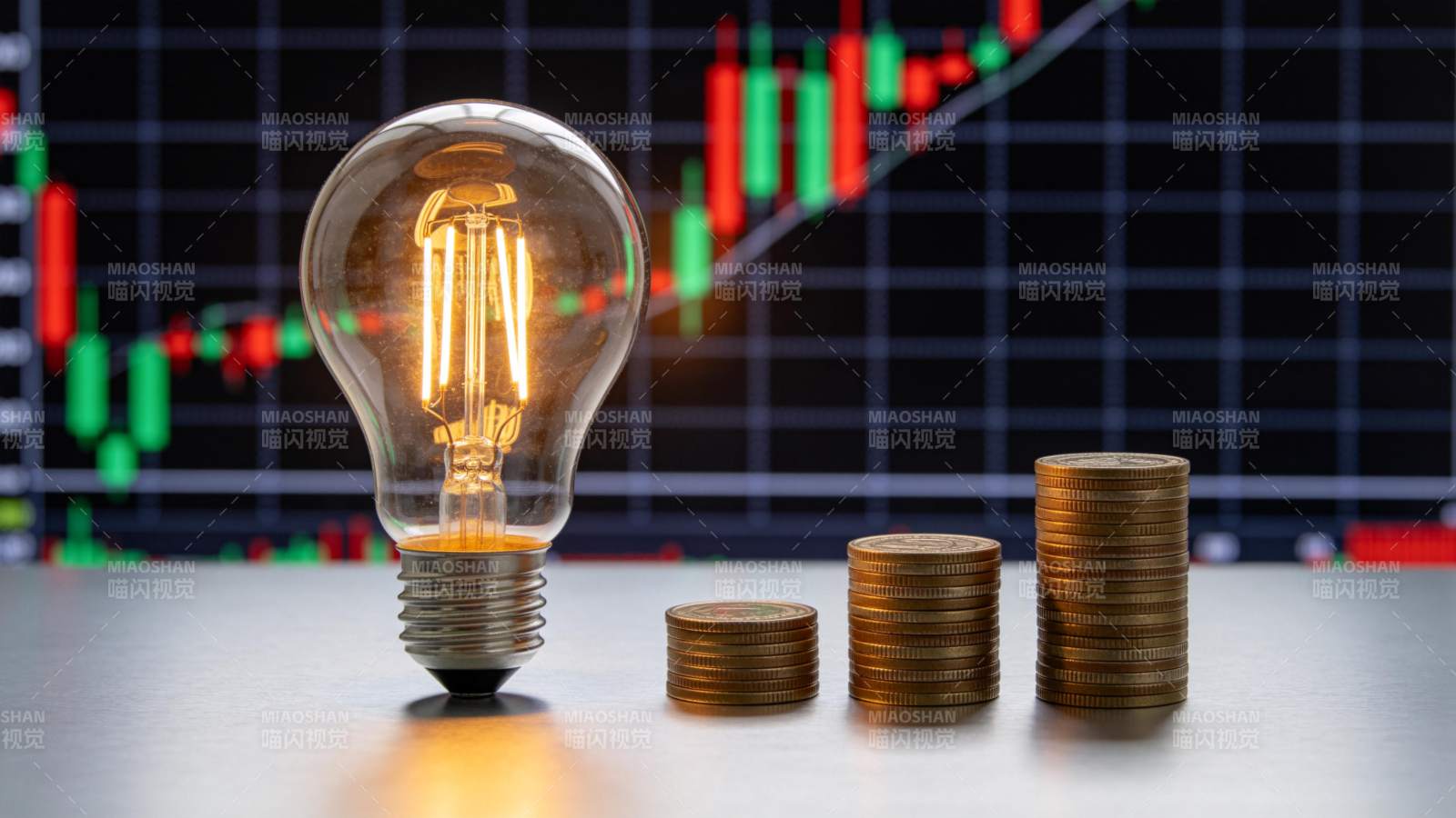 灯泡与金币前的股市图表图片