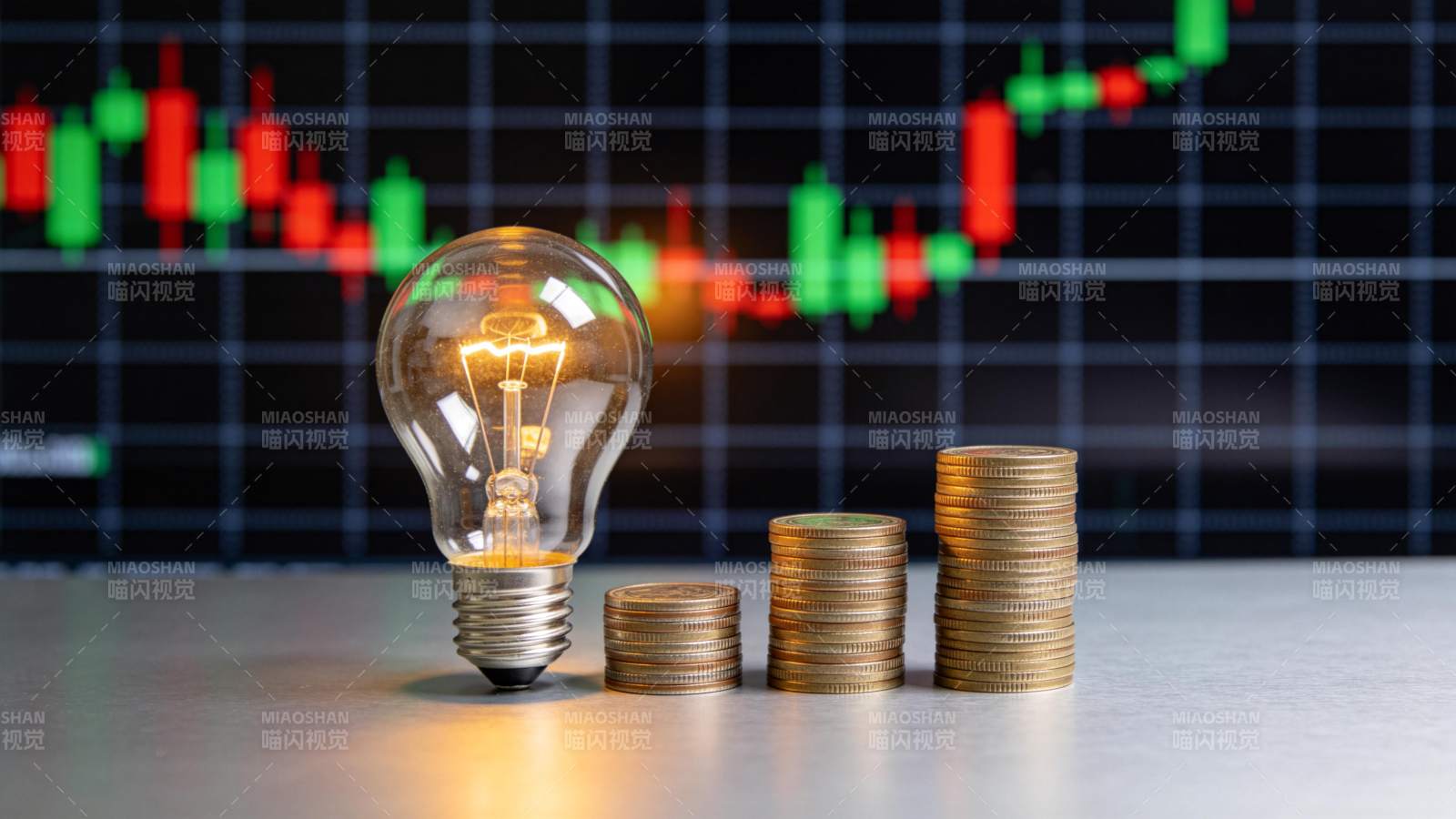 灯泡与金币前的股市图图片