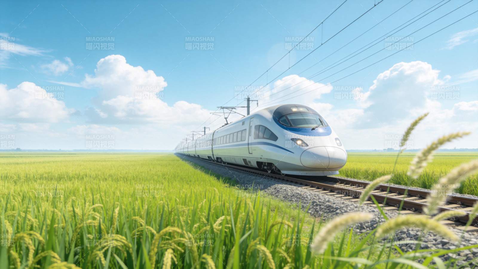 高铁穿行稻田间图片