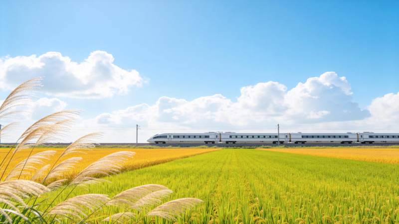 高铁穿行稻田间图片