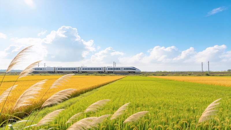 高铁穿行稻田间图片